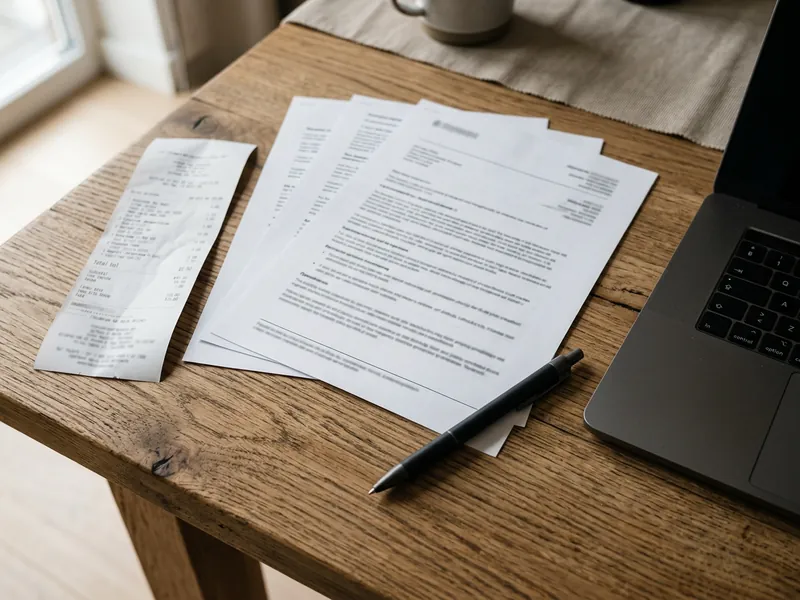 Paper receipt and printed documents on a wooden desk next to a laptop