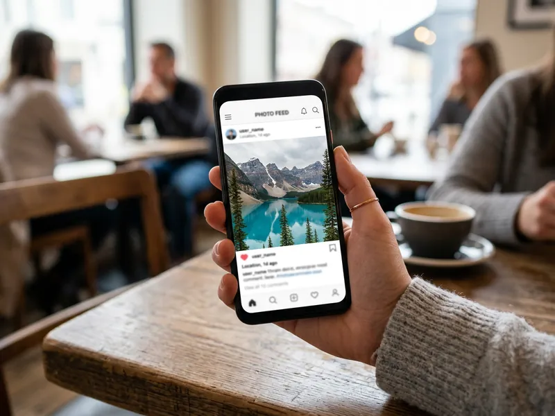 Hand holding a smartphone showing a mountain lake photo in a generic photo feed app