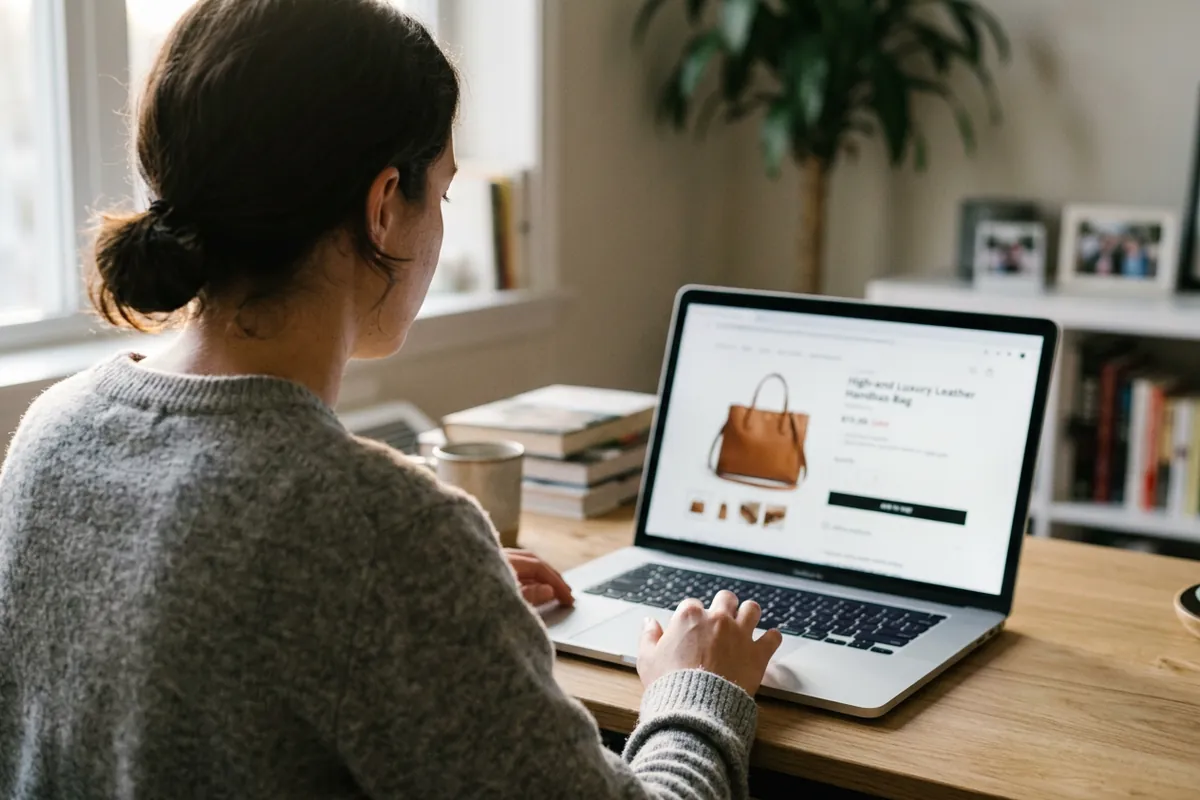 Person looking at an online listing for a leather handbag on a laptop