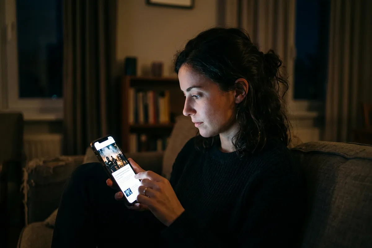Woman reading news on her phone in a dark room
