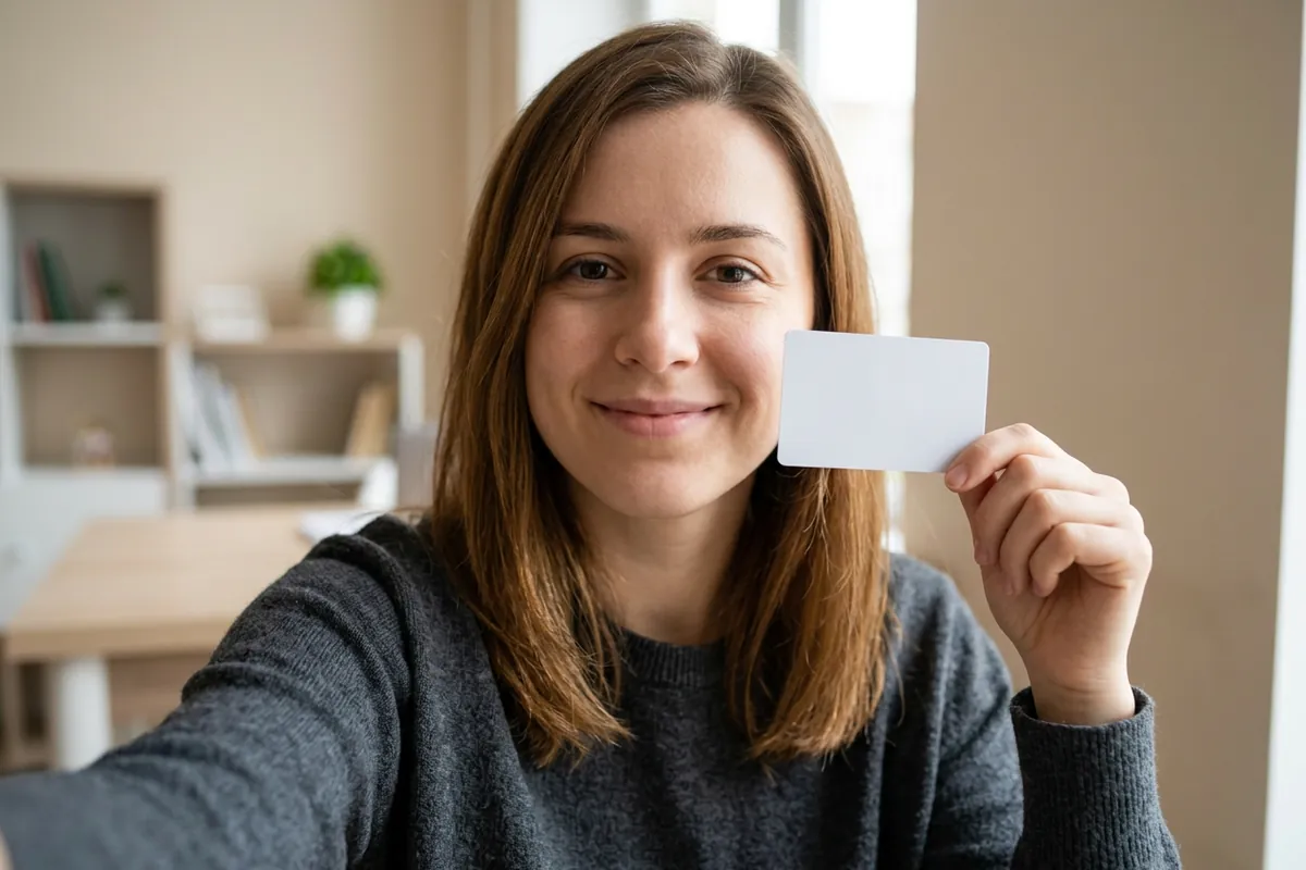 Woman taking a webcam selfie while holding up a blank card